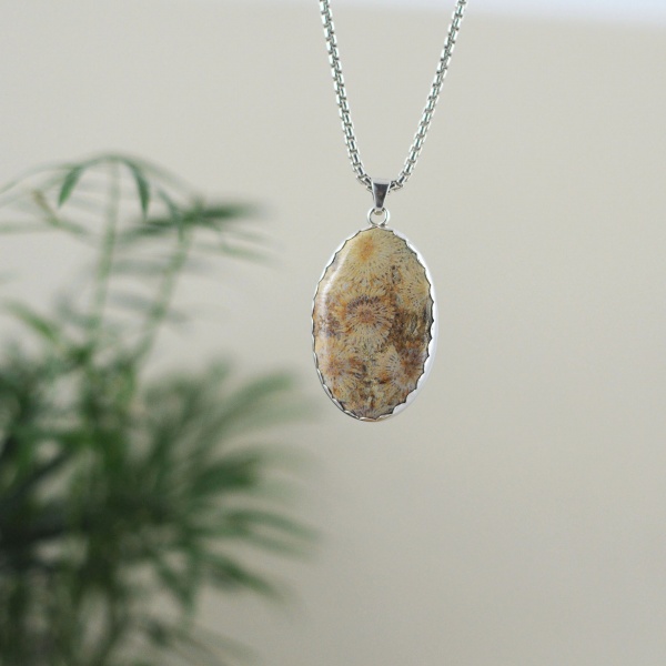 Collier corail fossilisé et argent oval pièce unique agate et velours bijouterie lyon